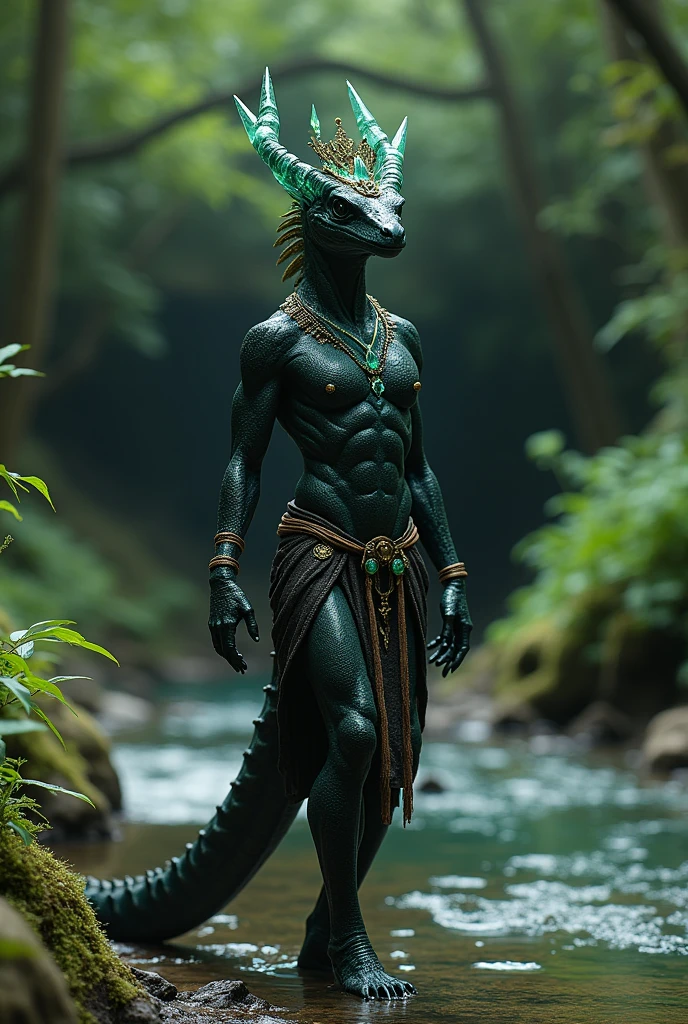 Reptilian with an elegant body and shiny black scales,  wearing an emerald crystal horn-shaped crown and dressed in simple tribal clothing,  walks along a crystal clear stream in the deep forest,  at the end there is the entrance to a cave