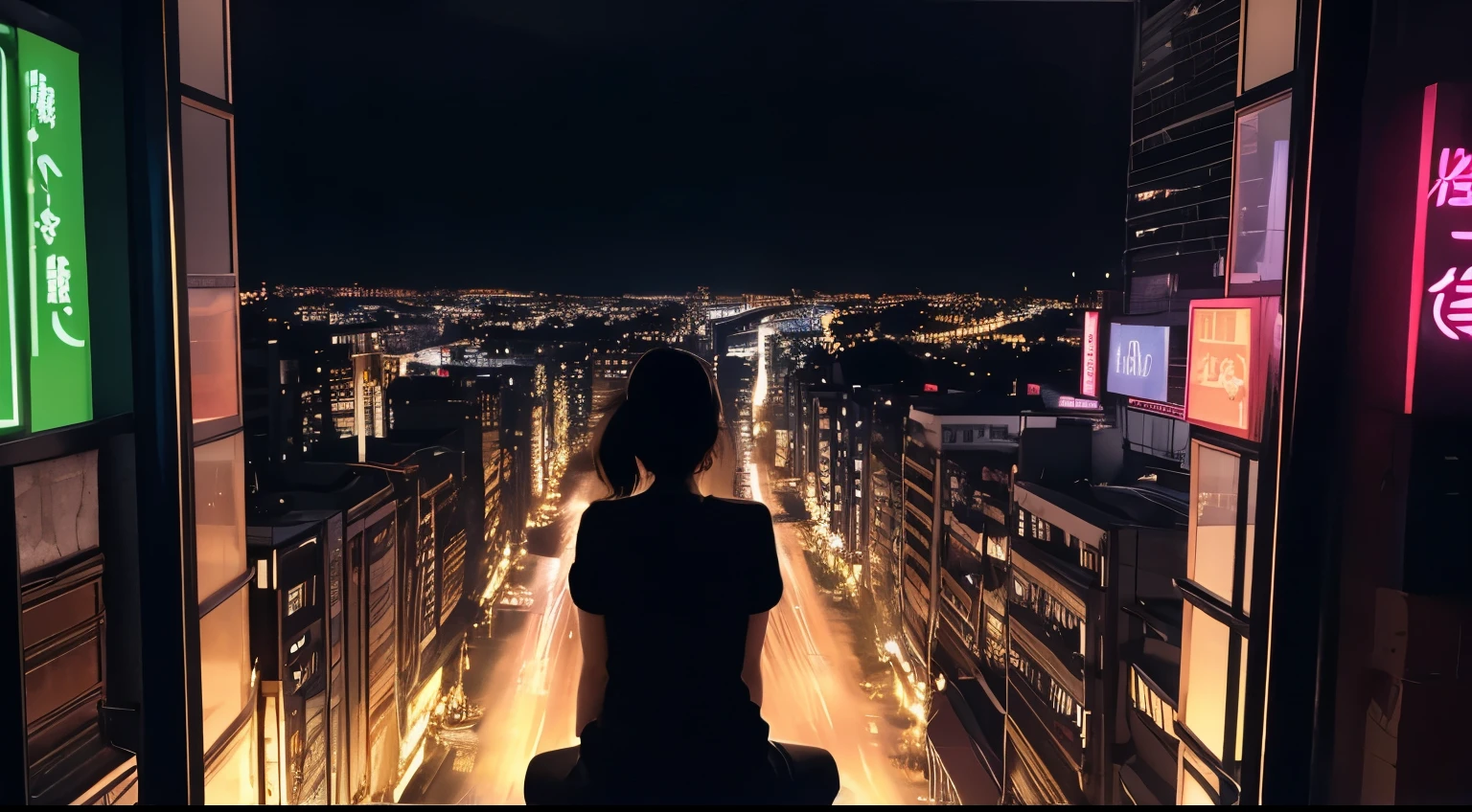 Alone in a dark room、A woman leaning back in a chair with her feet on the table。Women are just silhouettes。Outside the window is a neon street。