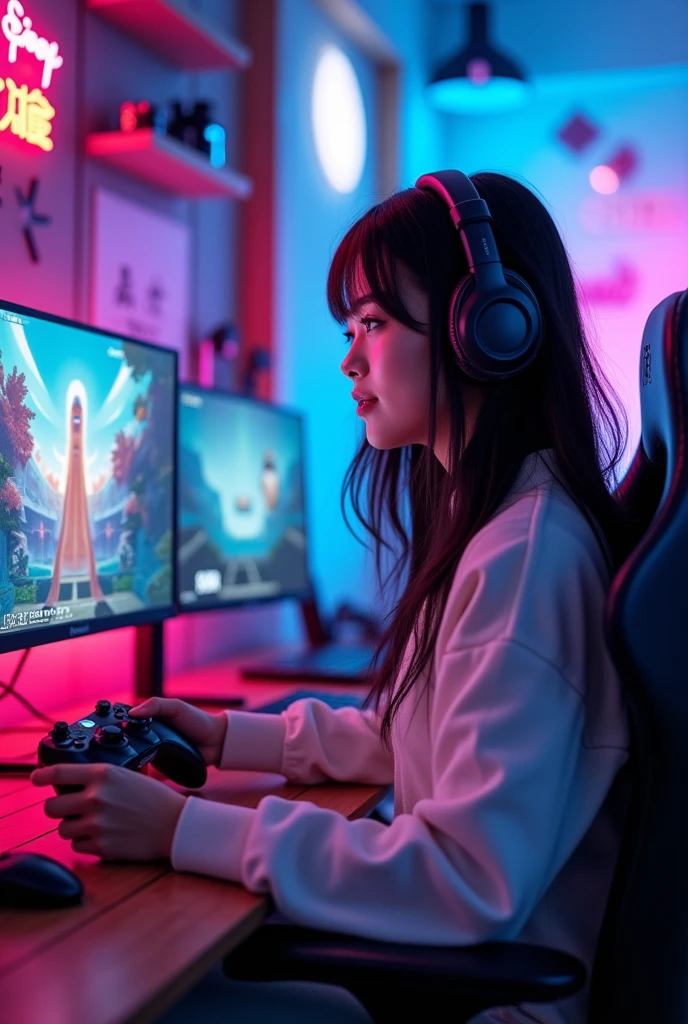 ### Prompt:
"Japanese female idol, streaming live game commentary, sitting in a stylish gaming room, RGB lighting, wearing casual and comfortable clothes, high-quality gaming headset, holding a gaming controller, focused expression with occasional smiles and laughter, sleek gaming setup with multiple monitors, animated and engaging personality, vibrant background with fan merchandise, playful and energetic atmosphere, interacting with fans through chat, bright and colorful stream visuals"


