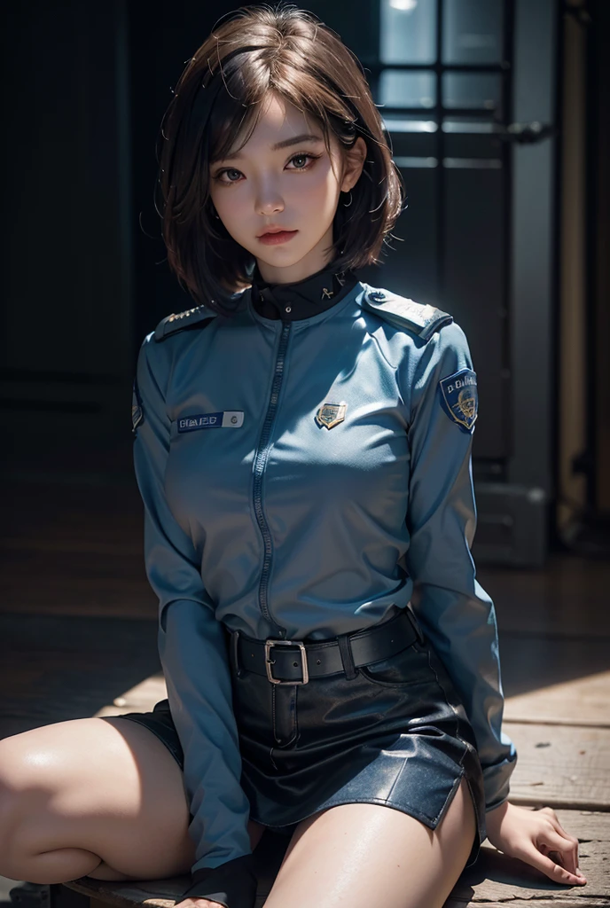 Female police officer、cute、young woman、1、Short Bob、Miniskirt Police、Sexy legs、Sitting cross-legged at the police box、(((Blue police uniform)))、(best quality,4K,8k,highres,masterpiece:1.2),ultra-detailed,(realistic,photorealistic,photo-realistic:1.37),HDR,uhd,studio lighting,ultra-fine painting,sharp focus,physically-based rendering,extreme detail description,professional,vivid colors,bokeh,cinematic lighting,dramatic shadow、High resolution, High-resolution model, Retina, Textured skin, Ultra high definition,