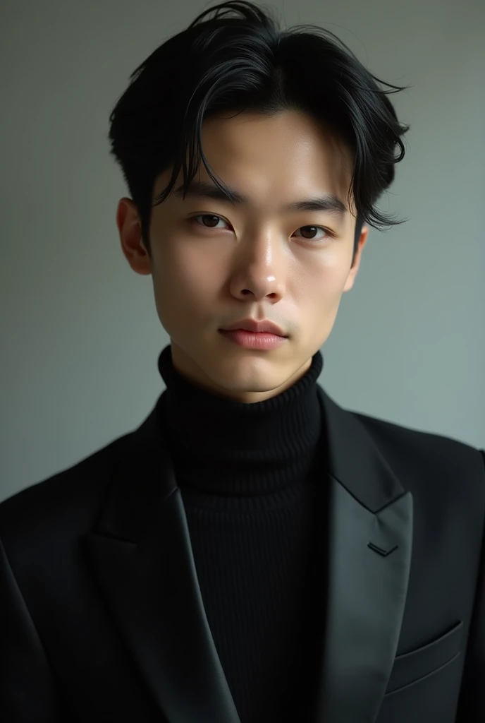 A Young boy those age is 17 and he wearing a black suit and his hair style is dashing