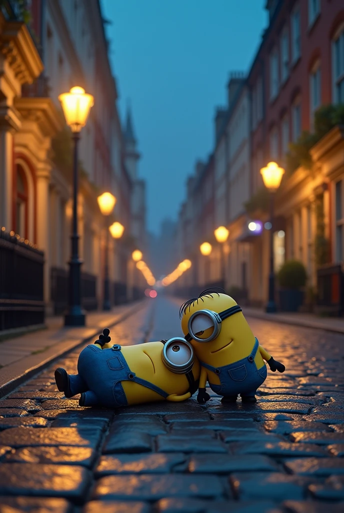two minions together one of their is bed at night at road of london