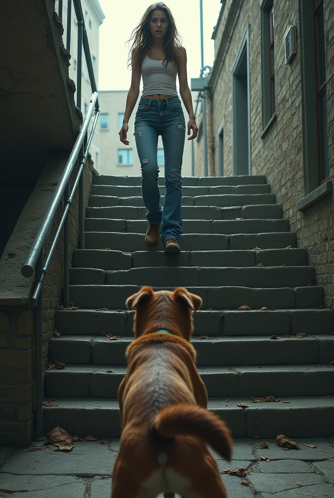 A young woman named Aline stands on a stone staircase, visibly terrified. She is wearing jeans with a visible urine stain.. Aline was wetting her pants. Aline's pants were wet with fear. Her face shows intense fear as she backs away from a threatening dog at the foot of the stairs.. The staircase is located in an outdoor urban environment, increasing the tense dinner atmosphere.
