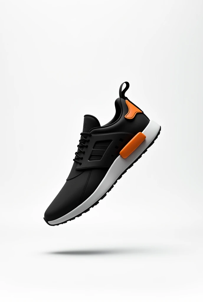 Shoe, black primary color, white and orange secondary color, white background, no elements in background, only 1 shoe, floating in air