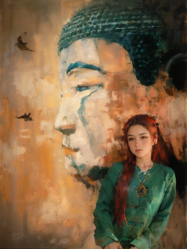 painting of a woman in a traditional dress walking past a large buddha statue, japanese art, inspired by Jin Nong, by Ma Quan, japanese art art, japanese goddess, portrait of geisha, inspired by Tosa Mitsunobu, japanese art style, ancient japanese, serene expression, 8k resolution.oil on canvas, guweiz masterpiece