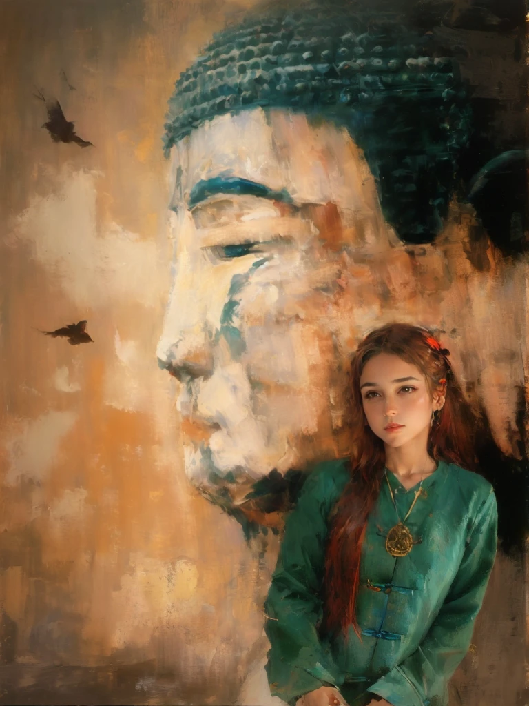 painting of a woman in a traditional dress walking past a large buddha statue, japanese art, inspired by Jin Nong, by Ma Quan, japanese art art, japanese goddess, portrait of geisha, inspired by Tosa Mitsunobu, japanese art style, ancient japanese, serene expression, 8k resolution.oil on canvas, guweiz masterpiece