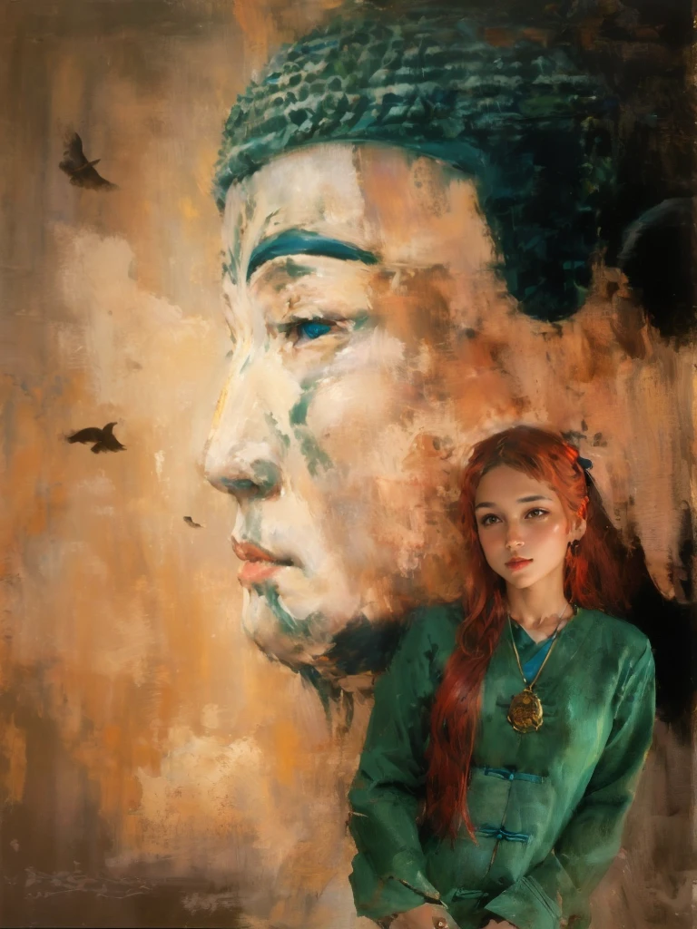 painting of a woman in a traditional dress walking past a large buddha statue, japanese art, inspired by Jin Nong, by Ma Quan, japanese art art, japanese goddess, portrait of geisha, inspired by Tosa Mitsunobu, japanese art style, ancient japanese, serene expression, 8k resolution.oil on canvas, guweiz masterpiece