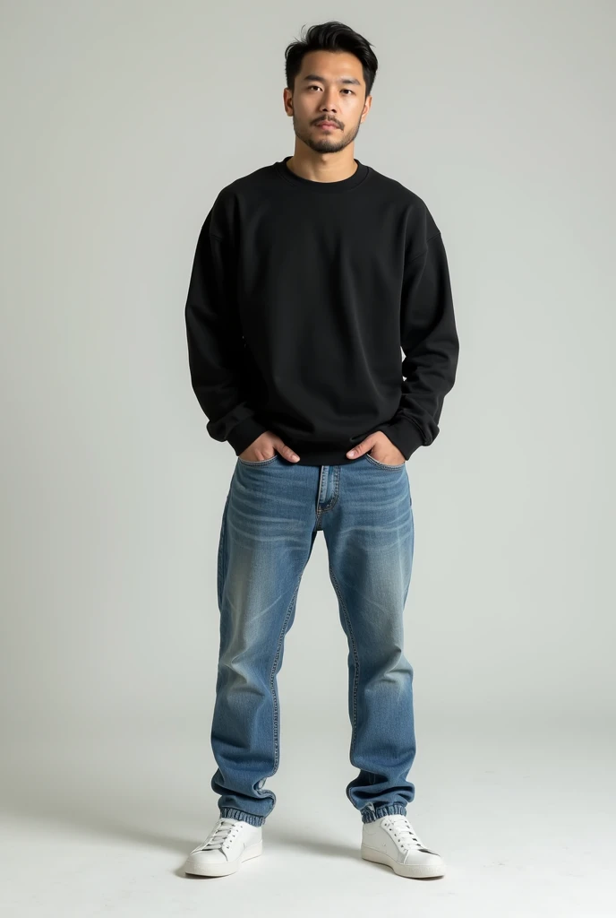 A man wear black sweatshirt and blue normal damage Jens and white shoes