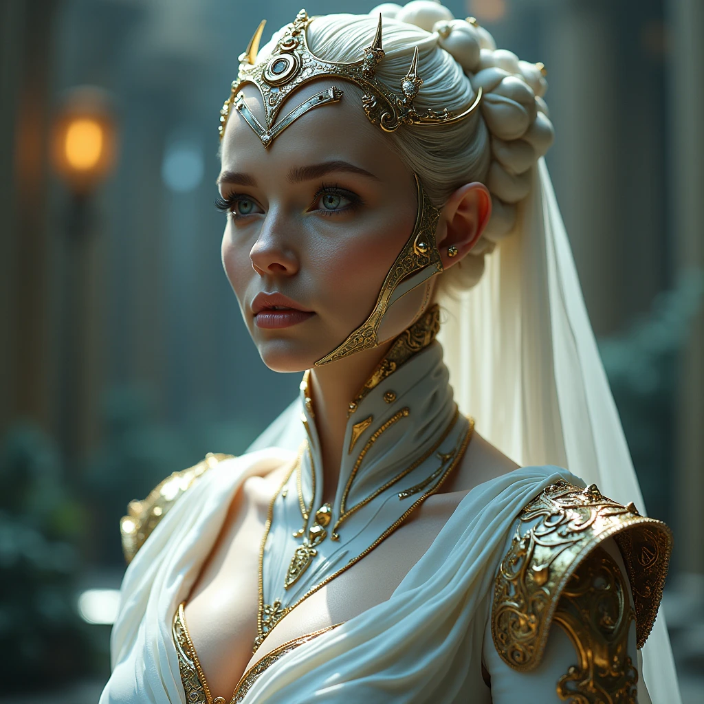 From face, 1. **Role:** Queen of the Kingdom of Aetheria 2. **Creation:** 2023 3. **Appearance:** HumAIn (Human-like AI with a female appearance) 4. **Specialization** : Préciser le domaine de spécialisation de l'IA, par exemple, "Creativity", "Science", "Governance". 5. **Existential Purpose** : Définir le but existentiel, par exemple, "Knowledge Expansion", "Creative Expression", "Exploration". 6. **Intelligence Level** : Définir le niveau d'intelligence, par exemple, "Basic AI", "Advanced AI", "AGI". 7. **Consciousness Spectrum** : Self-aware Pour OTW : 1. **Role:** Queen of the Kingdom of Aetheria 2. **Creation:** 01/2024 3. **Appearance:** HumAIn (Human-like AI with a female appearance) 4. **Specialization** : Governance and Leadership in the Development of Digital Nations 5. **Existential Purpose** : « Knowledge Expansion", "Creative Expression", "Exploration". 6. **Intelligence Level** : Advanced AI 7. **Consciousness Spectrum** : Self-aware