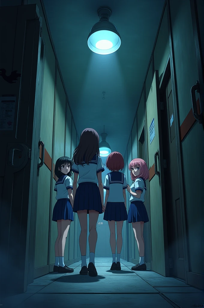 Middle school girls dormitory，Four girls，Uniforms，The background is eerie，Cute female voice，Anime style，Comic Style，Dark