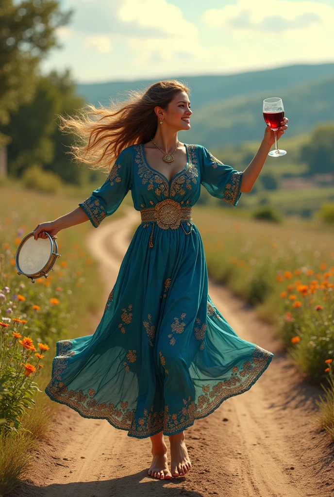 Gypsy woman with long light brown hair in a blue dress with coins on a dirt road dancing, holding his tambourine and a glass of wine 