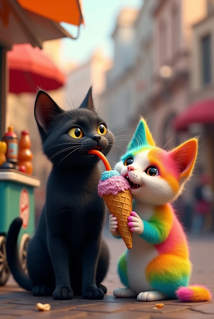 To be continued best quality,8k, masterpiece,sharap focus Image 3**: Both cats are standing by a street food cart, each holding a delicious-looking snack. The black cat is enjoying a hot dog, while the rainbow-colored cat is happily eating an ice cream cone, with a bit of ice cream on her nose, looking cute.