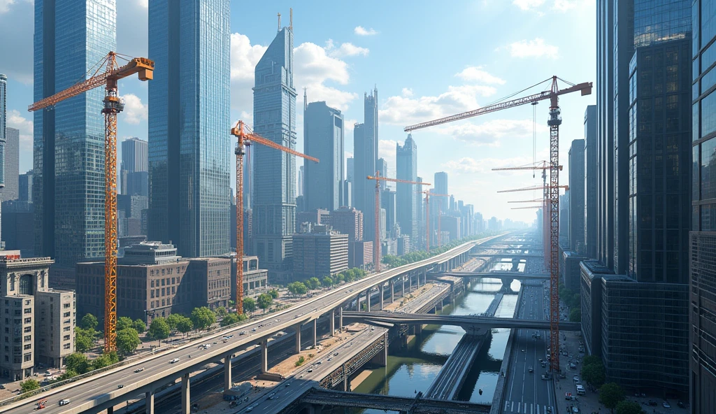 Generate a background made with buildings, roads, highways, cranes, architects and infrastructures