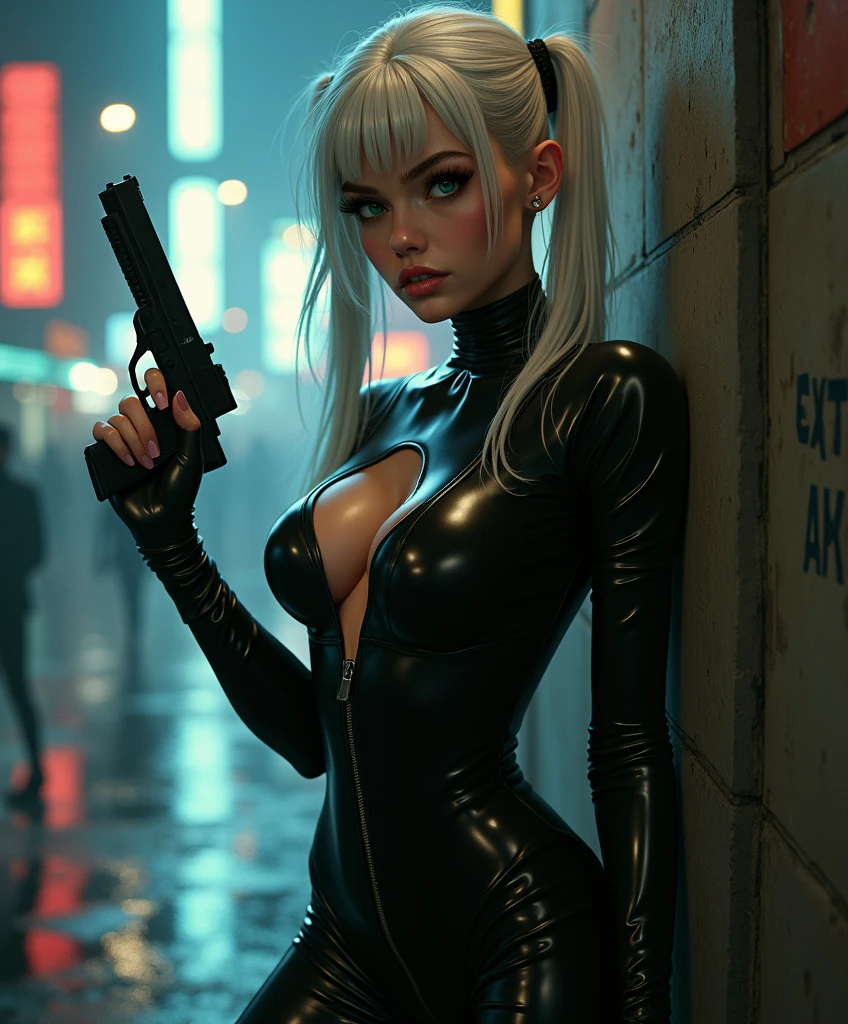 fullbody, sexy hips, sexy fit body, high-key and low-variance brightness scale,soft light,realistic light and shadow,light and dark interlaced,(aiming at viewer:1.4),looking at viewer,dramatic angle,(solo:1.6), (masterpiece),(best quality),(highres),(by famous artist),(((official art))),(by Paul Hedley),(illustration), 1girl,(frieren),(elf),agent female, (small breasts:1.3),(cameltoe),(whole body),(round face),(pointy ears),(slim legs),(skinny body),(detailed beautiful face),lustrous skin,shiny skin,(articulated fingers),navel,stomach (black latex bodysuit:1.4),(zipper,center opening, unzipped,cleavage:1.3),long sleeves,gloves,leather pants,leather boots, indoor,(cyberpunk city,kowloon,rain),(against the wall), ((expressionless)),blush,((standing)),handgun,(holding pistol :1.4),hand on hip, (green eyes:1.3), (white hair),long hair,twintails,parted bangs,(reflective hair),