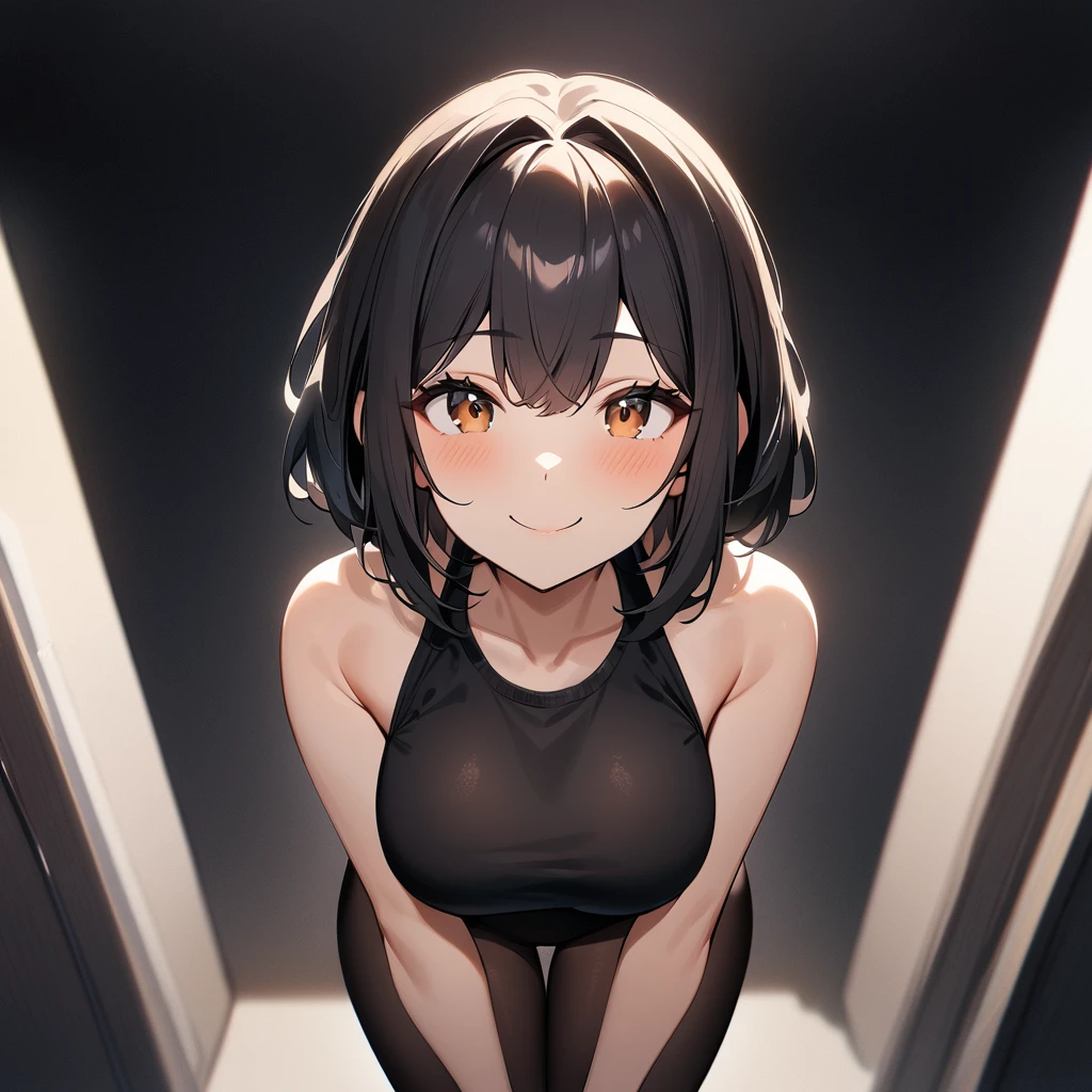 1girl,Solo,medium hair,black hair,brown eyes, hair intakes,(smile:1.5),big breast,shirt,v arms,hand on own thigh,open legs,tights,standing,leaning_forward,bare shoulder,bare_hips,bare arms,spread Legs,masterpiece,best quality,very aesthetic,absurdres,upper body,front View,straight-on