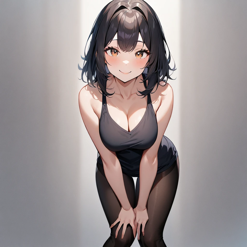1girl,Solo,medium hair,black hair,brown eyes, hair intakes,(smile:1.5),big breast,shirt,v arms,hand on own thigh,open legs,tights,standing,leaning_forward,bare shoulder,bare_hips,bare arms,spread Legs,masterpiece,best quality,very aesthetic,absurdres,upper body,front View,straight-on