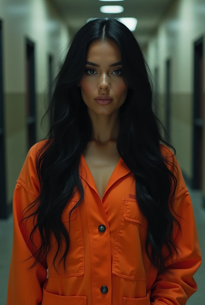 A beautiful Instagram model, long black hair , at prison , beautiful make up , orange prison jumpsuit, full body view, in cage