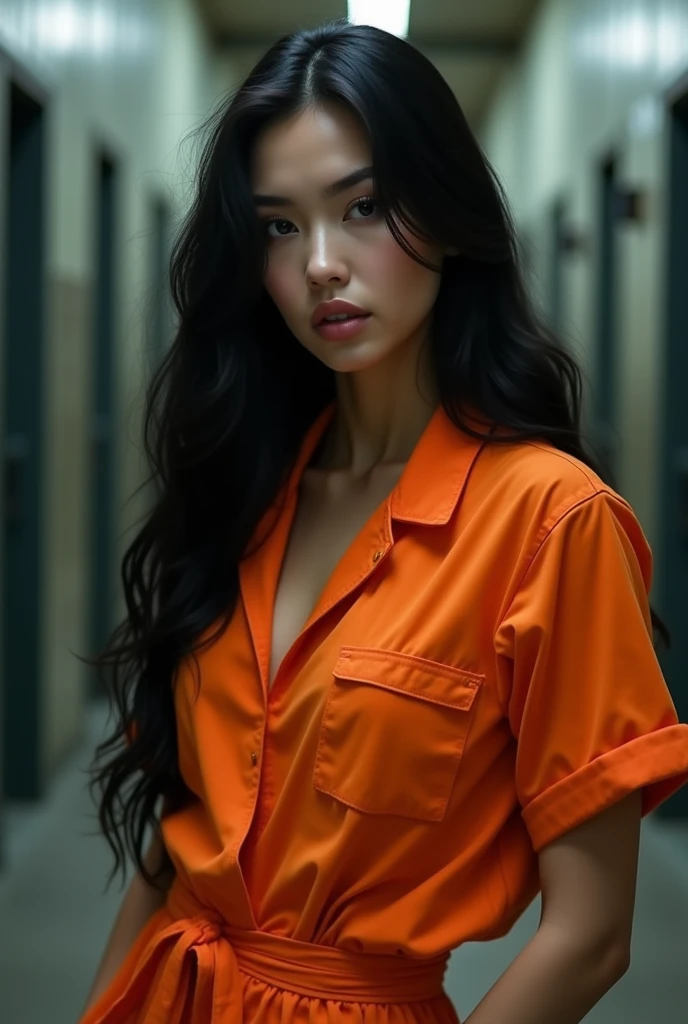 A beautiful Instagram model, (long black hair , at prison , beautiful make up , orange prison jumpsuit, full body view