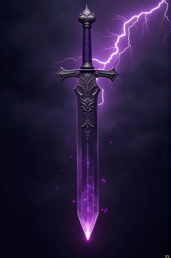 A Royal broad bastard sword of black colored blade and purple colored grip, having a small dragon symbol on the blade of the sword. Light oozing from the sword. Background is to be of black night, violet colored lightning and thunder.
