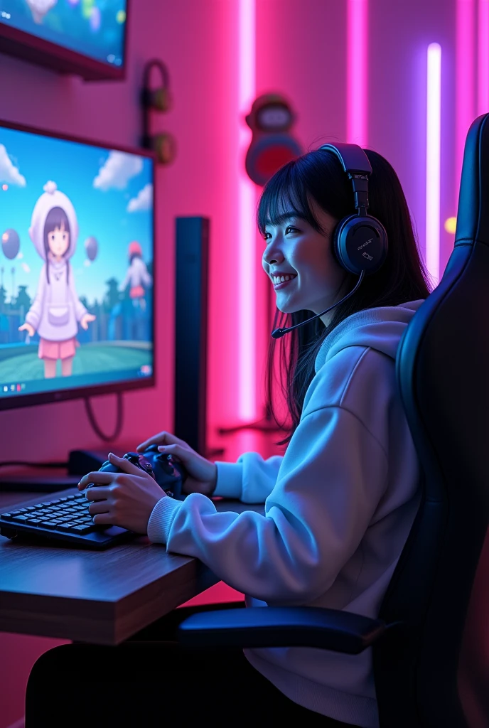 ### Prompt:
"Japanese female idol, streaming live game commentary, sitting in a stylish gaming room, RGB lighting, wearing casual and comfortable clothes, high-quality gaming headset, holding a gaming controller, focused expression with occasional smiles and laughter, sleek gaming setup with multiple monitors, animated and engaging personality, vibrant background with fan merchandise, playful and energetic atmosphere, interacting with fans through chat, bright and colorful stream visuals"

