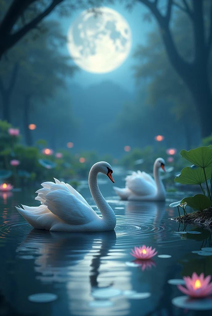 a beatuiful night with surrealistic lotus blooming pond with swans swimming and moon light gazing 