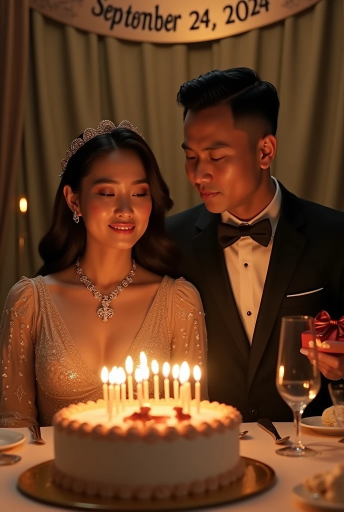 dinner celebrating the 49th birthday of an Indonesian woman and a man,  In front of them was a birthday cake with the word 49 written on it with the number 49 candles.. They are both dressed in luxury. The woman wears a diamond necklace with a cross on the end., preparing to blow out the candles. The man holds a birthday present to be given to the woman.. Photo realistic image quality. uhd image. On the back there is a banner that says September 24, 2024. Pose facing the camera