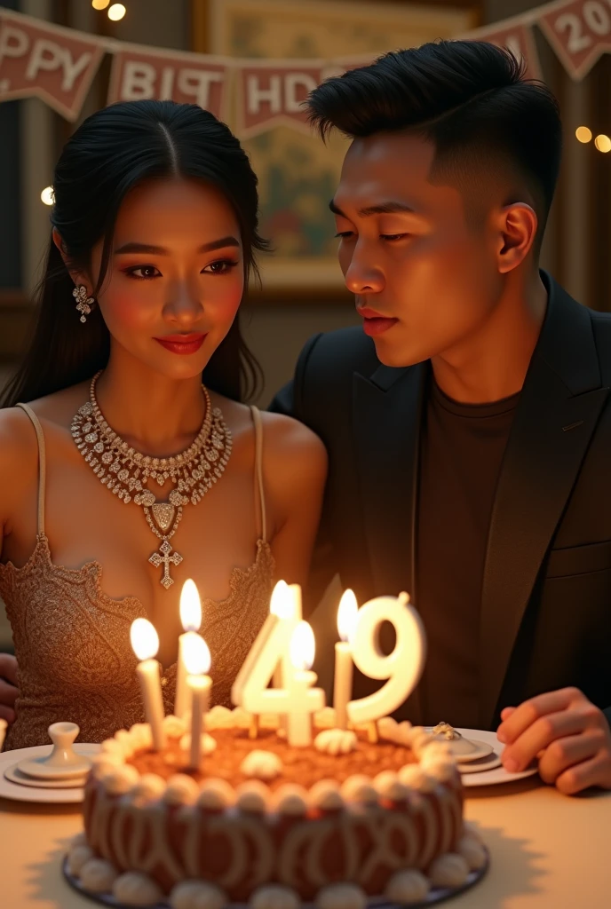 dinner celebrating the 49th birthday of an Indonesian woman and a man, In front of them was a birthday cake with the word 49 written on it with the number 49 candles.. They are both dressed in luxury. The woman wears a diamond necklace with a cross on the end., preparing to blow out the candles. The man holds a birthday present to be given to the woman.. Photo realistic image quality. uhd image. On the back there is a banner that says September 24, 2024. Pose facing the camera