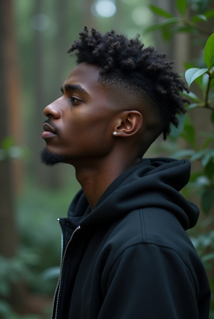 Une artiste musicien, beau et noir de 23 ans , perdu dans ses pensées à chercher l'inspiration pour une nouvelle chanson , qui a une coiffure tapers, dégradé .