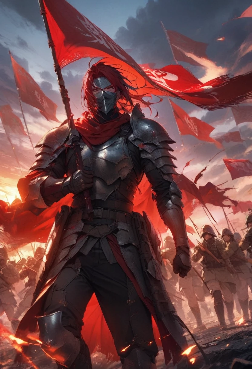 On the battlefield at dusk、A warrior carrying a red flag、Standing before the soldiers at the ready。The sky is dyed red、A sense of battle is in the air