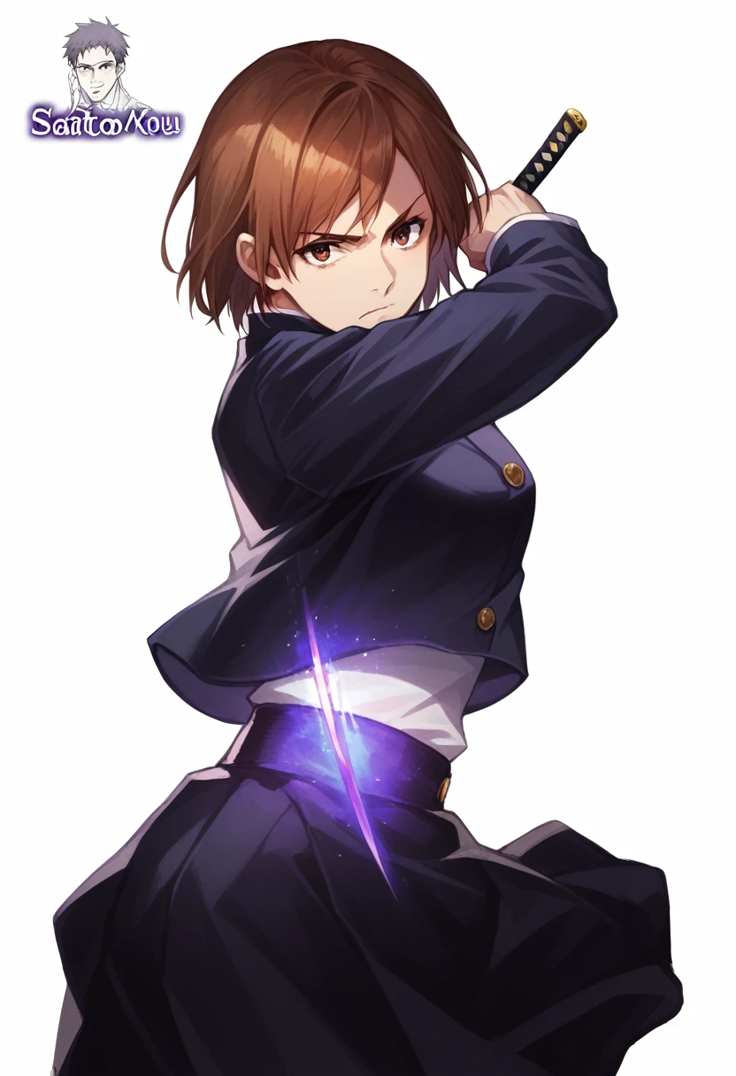 A woman in a black dress holding a hammer，Dressed in purple light, Actress  :8, Actress, Sayori, Si Tu Shi, Makoto shinka, Dramatic Katana Swinging Pose, By Kama Guka, Zerochan art, Makoto, Dramatic sword-wielding pose, Yaoi Haruma, return, Hojo Tsukasa