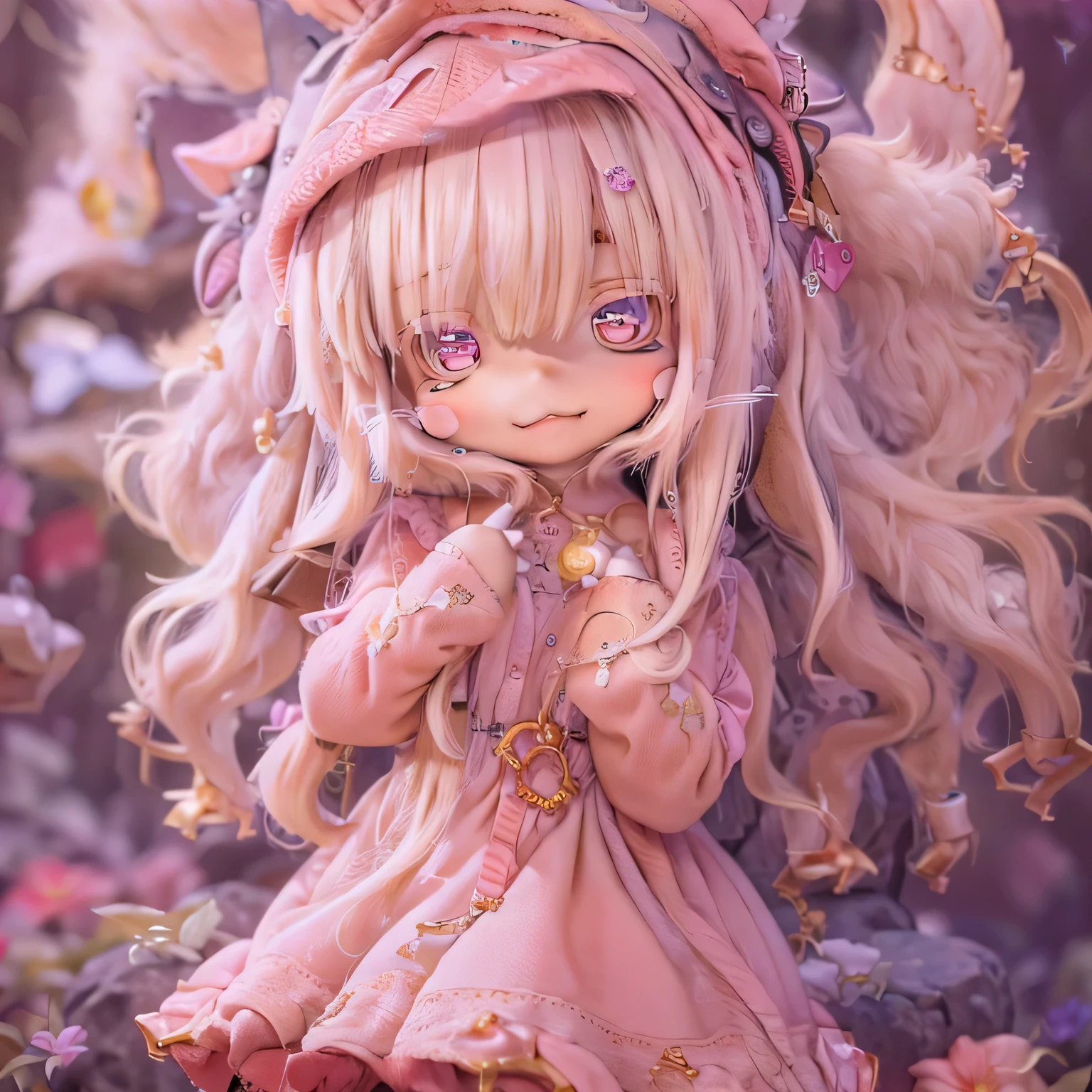 in the garden, smile, Similar to Nanachi from Made in Abyss. She is beautiful, Beautiful eyes and lips.  (((Chibi Style,))) . Image quality is excellent, Highly detailed and realistic features. The medium of this work is、Combining illustration and photorealistic rendering.. The colors are vivid、The lighting creates a warm and bright atmosphere。 whole body(((((Cute pink dress)))))Contrasting cute poses