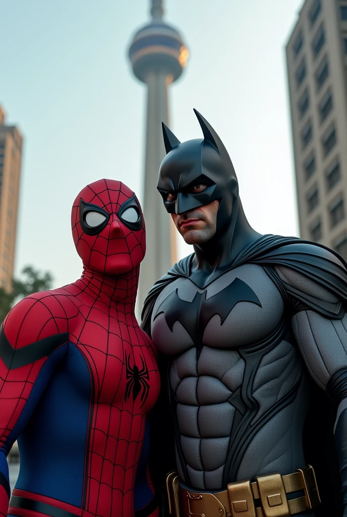 Spider man and batman are taking selfie with milad tower