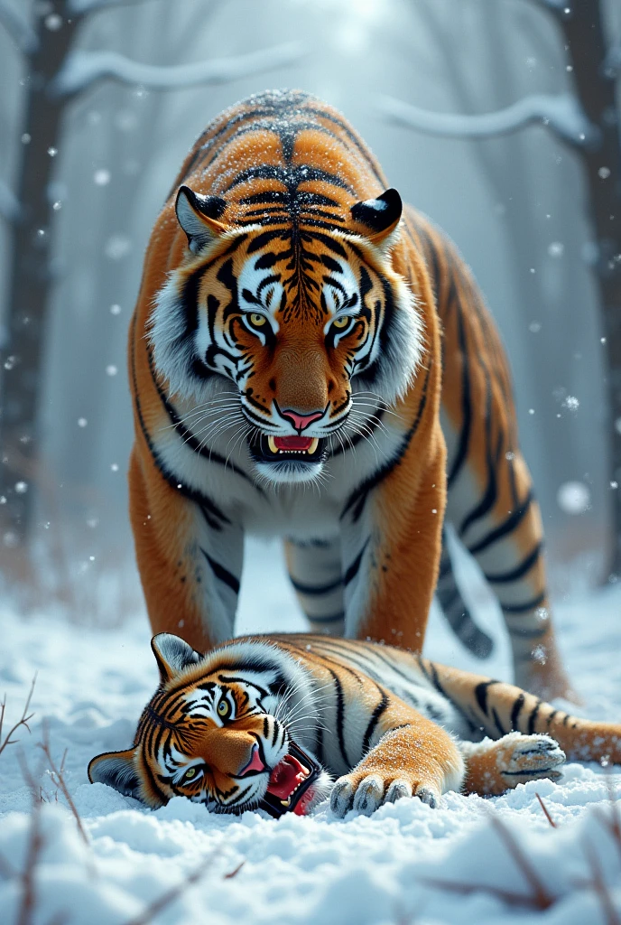 I wanted to draw two animals, a victorious tiger stomping on a dead cheetah, in the frozen forest.