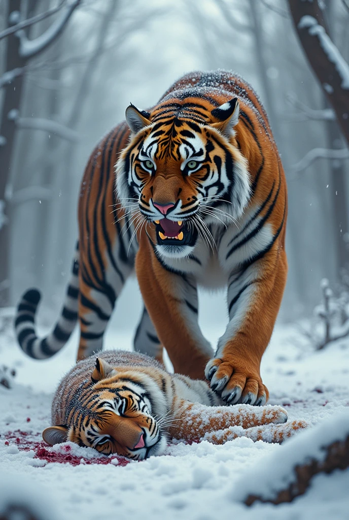 I wanted to draw two animals, a victorious tiger stomping on a dead cheetah, in the frozen forest.