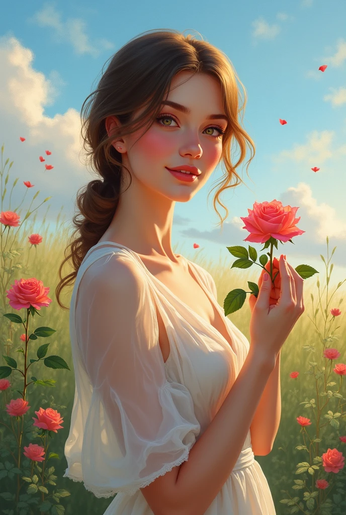 Une qui tient une rose à la main au petit matin