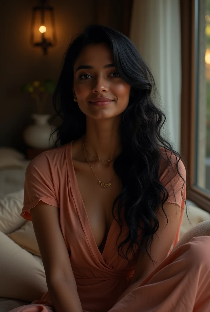 She is in her early 20s with long, wavy black hair cascading over her shoulders. She is dressed in a simple yet elegant outfit, such as a flowing traditional dress or a modern, casual outfit in soft, warm colors. She has a serene expression, with a slight smile on her face, exuding grace and warmth. The background is a bright, open space with soft, natural lighting, possibly a serene outdoor setting or a well-lit, cozy room, creating an inviting and peaceful atmosphere.”( Indian girl) change background (dark) and face (Indian) 