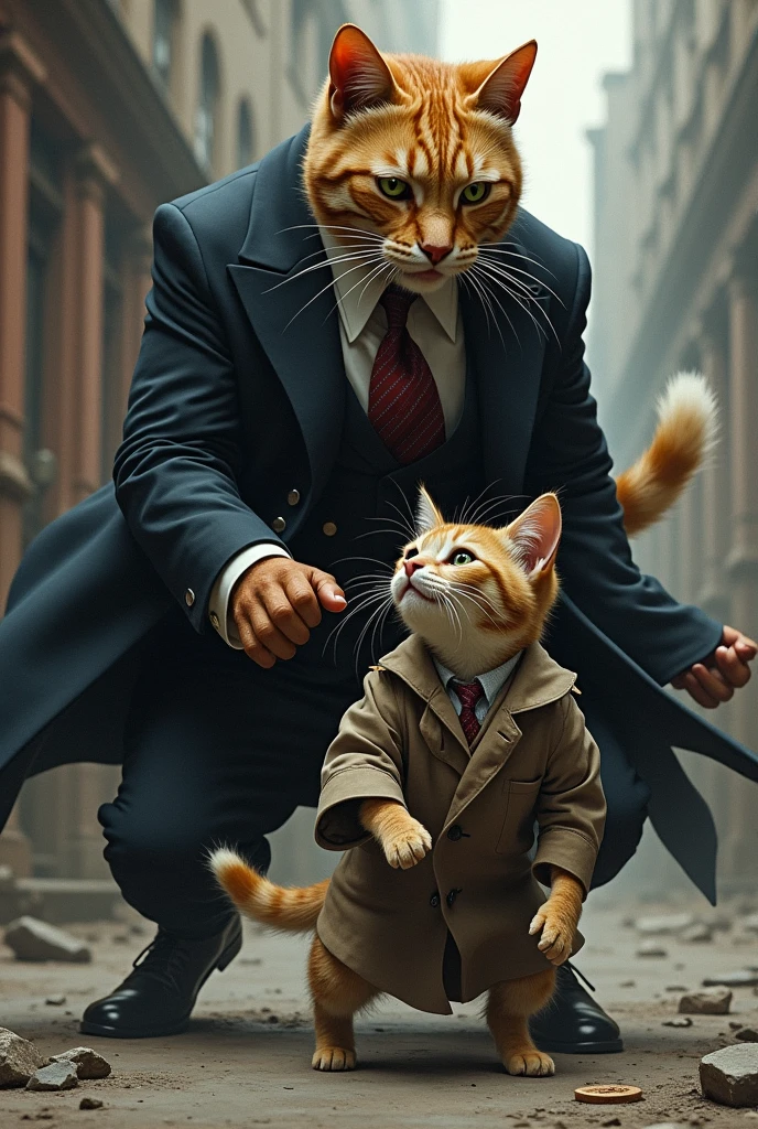rich well dressed cat biting the homeless cat and his child with torn clothes