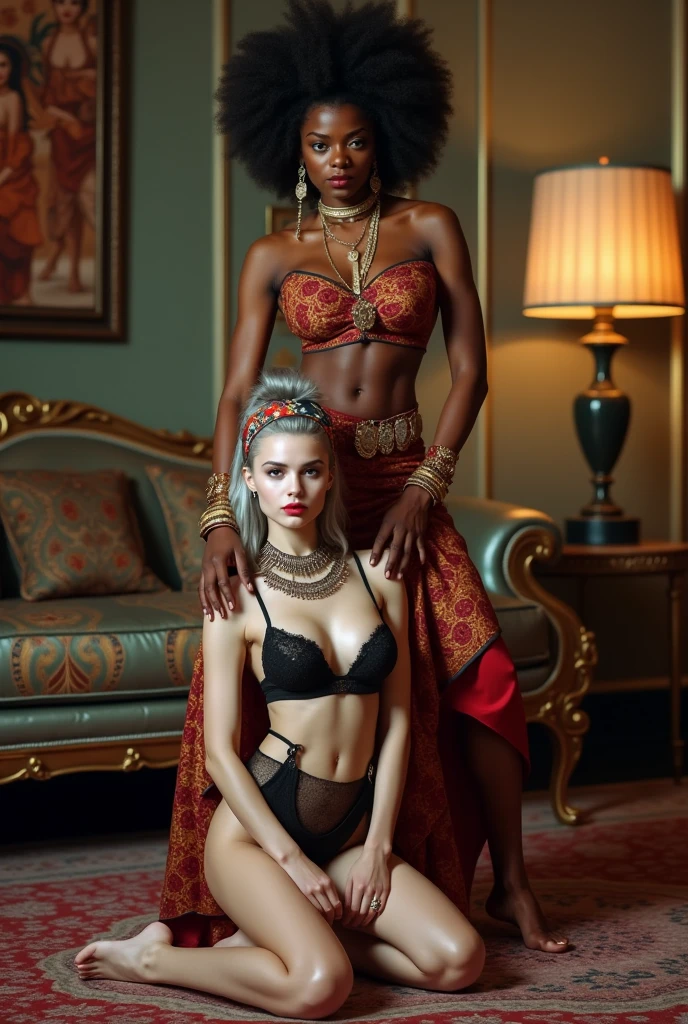 African milf  woman standing up with separated legs, afro hairdo, serious face, wearing traditional colourful african clothes, barefoot, hands on shoulders of a caucasian milf woman at her feet (light grey hair, light green eyes, pale face, pale neck, pale chest, pale arms, pale hands, pale stomach, pale legs and feet) in chic rock fashion: pompadour hairstyle with top bun, colourful bandana as headboard, cropped black suede biker jacket a lot of metallic necklaces and pendants, a lot of wide metallic bracelets, black lace push up bra and black lace thong, white tennis sneakers, kneeling with hands on knees. In a fancy apartment 