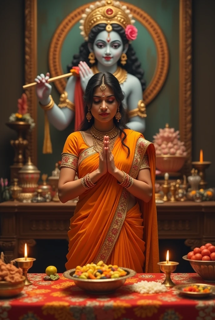 An indian married woman doing pooja on the occasion of janmashtami to krishna front view standing