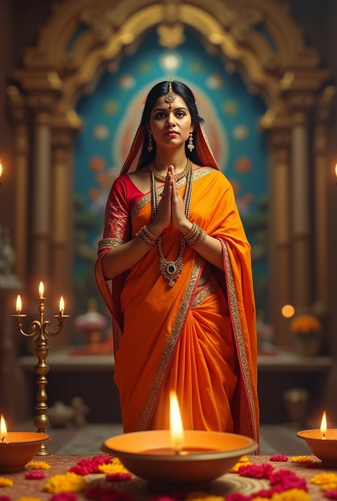 An indian married woman doing pooja on the occasion of janmashtami to krishna front view standing