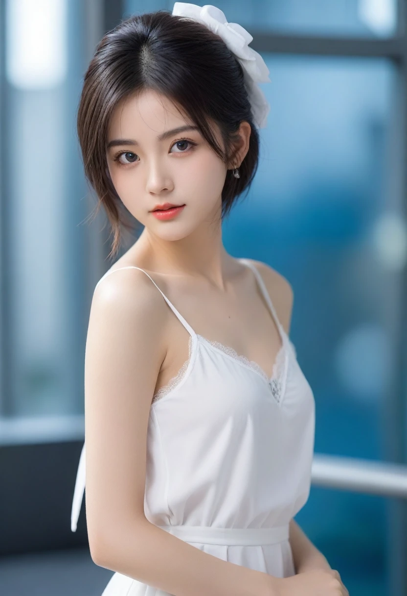 8K, Ultra-high resolution, best quality, masterpiece, Surrealism, photo, 1 girl,LD:1.3), pretty girl, Cute face, Beautiful eyes in every detail, 細かくdetailedに,masterpiece,, A girl:1.2, Japanese female announcer, Brutal cyberpunk woman,Bob Hairstyle,(Transparent jumpsuit:1.05),high leg cut,bud丝衬衫,(bud), (White and White Gothic Lolita)),Standing,Beautiful leg line beauty,Attractive thighs, ,BoLD Pose,Looking at the audience、beauty,Long Neck、Smile、Please close your mouth and smile、(((Ideal body shape))),A cup small breasts :2,、image:2、Perfect anatomical structure、鮮明なdetailed、detailed、Surrealism、Light and Shadow,glare,seaside,Soft Light,Chinese Beauty,Slip nightdress