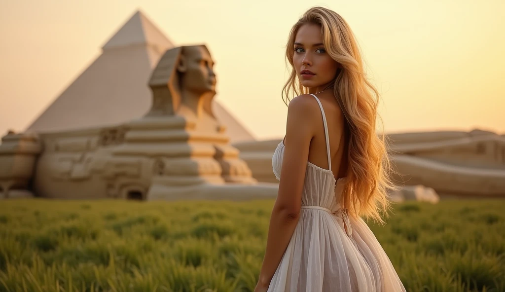 Beautiful blonde woman 2, wearing a long white Sheer dress, with the low sun you can see through the dress, posing for photos in renaissance painting, gorgeous model, see-through , sexy girl, blonde goddess, beautiful full body, voluptuous breasts, sexy body and face, beautiful blonde girl with big waves, Clear blue eyes, parted red lips, situated at great sphinx of Giza, its late in the afternoon and theres a golden glow in the sky, wide view of shot,(photorealistic:1.4) beautiful lighting, long green meadows around the woman, professional photograpy、(richly colored:1.1)、(she is not wearing any underwear) ((her nipples are visible through her dress)), ((her Black Pubic hair is visible))