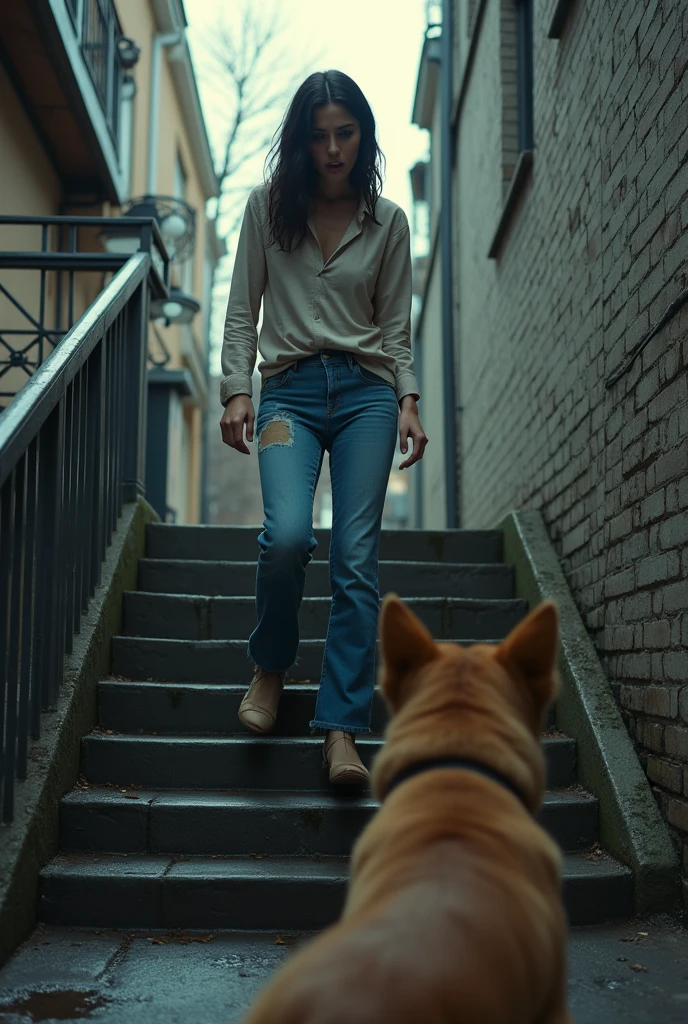 A young woman named Aline stands on a stone staircase, visibly terrified. She is wearing jeans with a visible urine stain.. Aline was wetting her pants. Aline's pants were all wet with fear. A wet spot is visible on your pants. Her face shows intense fear as she backs away from a threatening dog at the foot of the stairs.. The staircase is located in an outdoor urban environment, increasing the tense dinner atmosphere.