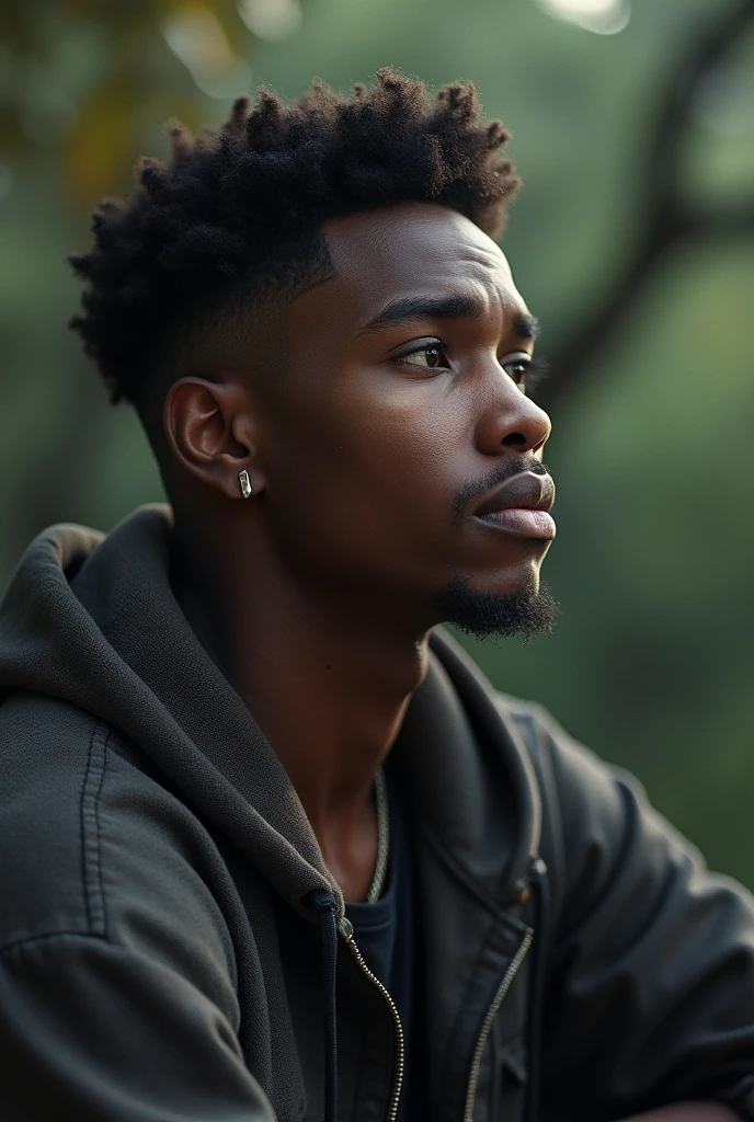 Une artiste musicien, beau et noir de 23 ans , perdu dans ses pensées à chercher l'inspiration pour une nouvelle chanson , qui a une coiffure tapers, dégradé .