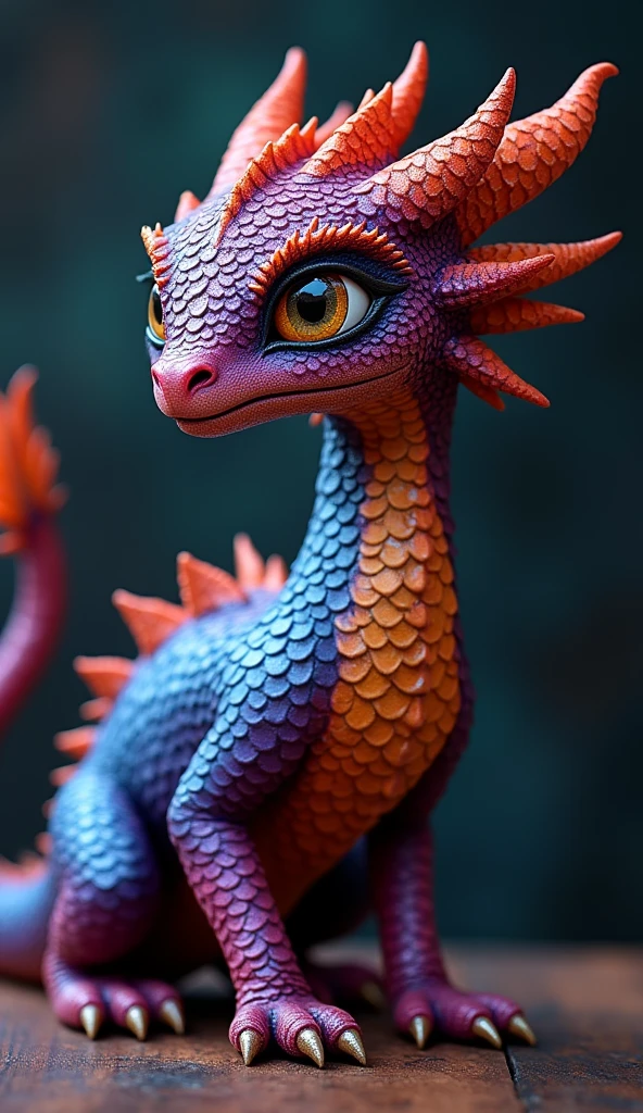 An Indian female dragon hybrid, her skin covered in iridescent scales that shift between deep sapphire and vibrant ruby, reflecting the rich colors of Indian gemstones. Her eyes are large and almond-shaped, glowing with an intense amber hue. Her facial features are delicate yet strong, with a powerful jawline and high cheekbones. She has a long, sinuous tail and sharp claws, embodying the strength and beauty of Indian culture.