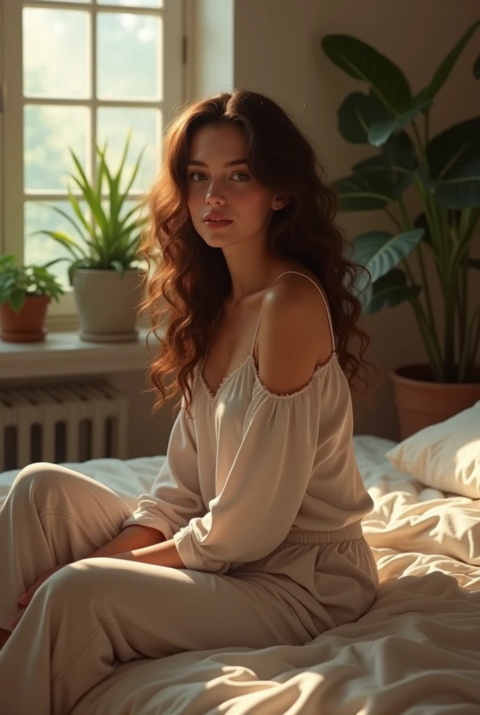 hotorealism:1.2), beautiful woman, sitting on bed, wearing loose off-shoulder top, pajama pants, long curly hair, indoors, soft lighting, plants in background, window with sunlight, cozy room, relaxed pose, realistic, intricate details, warm colors, by Greg Rutkowski, by Alphonse MucMu