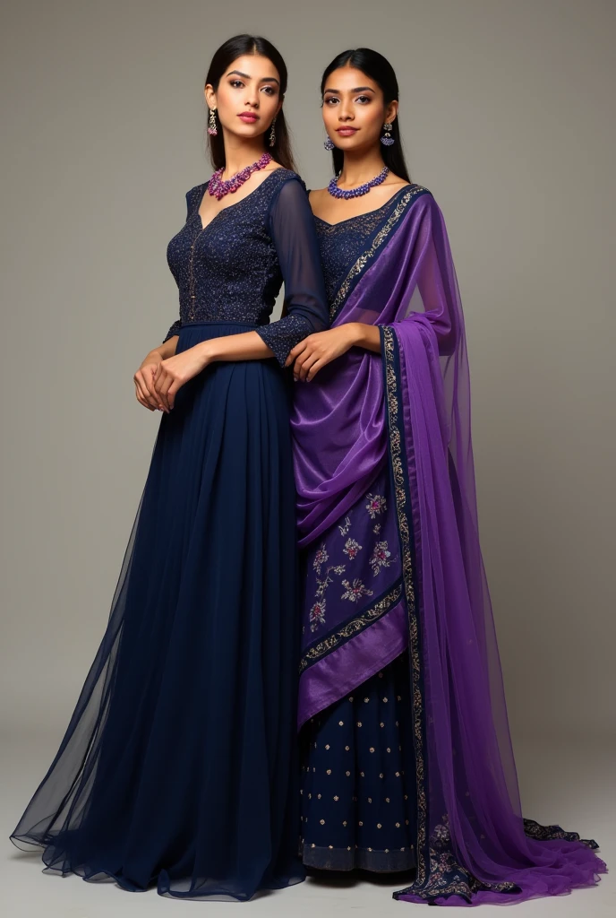Beautiful women wearing navy blue colour plain skirt and top with heavy worked violet dupatta and contrast colour jewellery semitraditional look