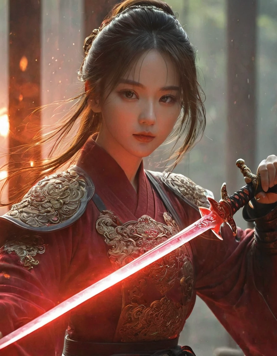 1 beautiful girl, symmetrically composed, solitary, female swordsman, gripping sword hilt, each hand gripping sword hilt, ruby sword, jade sword, glowing blades, frontal view, close-up, (best quality), (masterpiece), (realistic), ultra-high definition