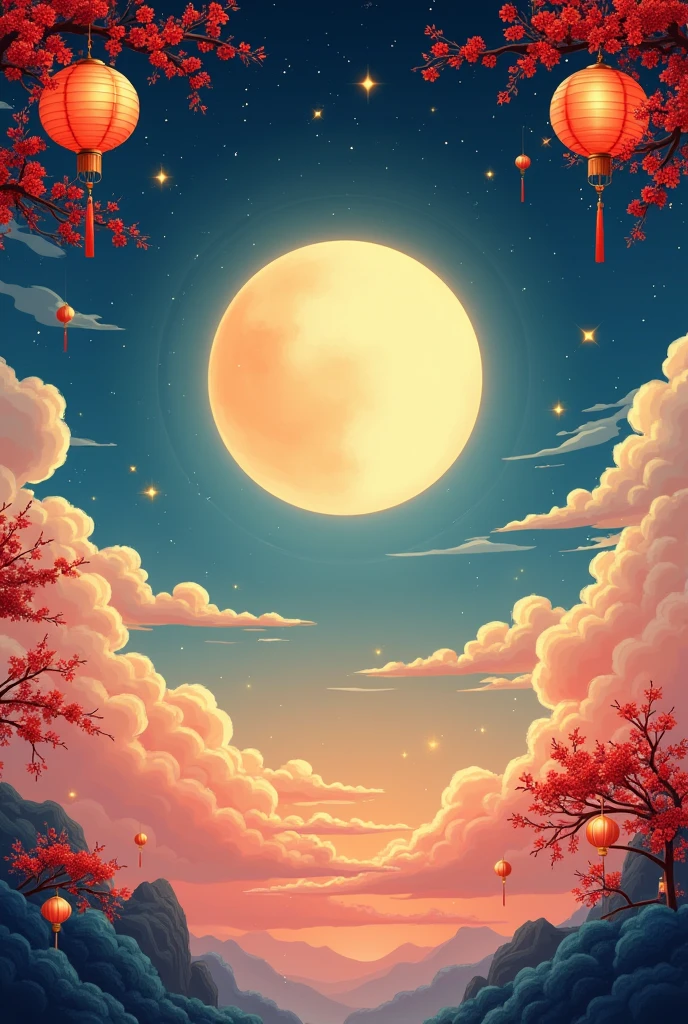 A Chinese-style poster for the event on their mobile app during Mid-Autumn Festival in early prime time from combines traditional elements with modern technology to create an atmosphere of celebration. The background features a vibrant sky with clouds and stars,symbolizing hope and beauty. 