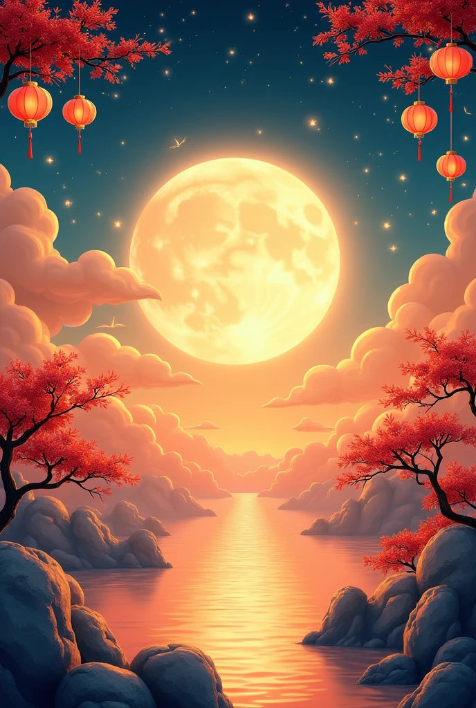 A Chinese-style poster for the event on their mobile app during Mid-Autumn Festival in early prime time from combines traditional elements with modern technology to create an atmosphere of celebration. The background features a vibrant sky with clouds and stars,symbolizing hope and beauty. 